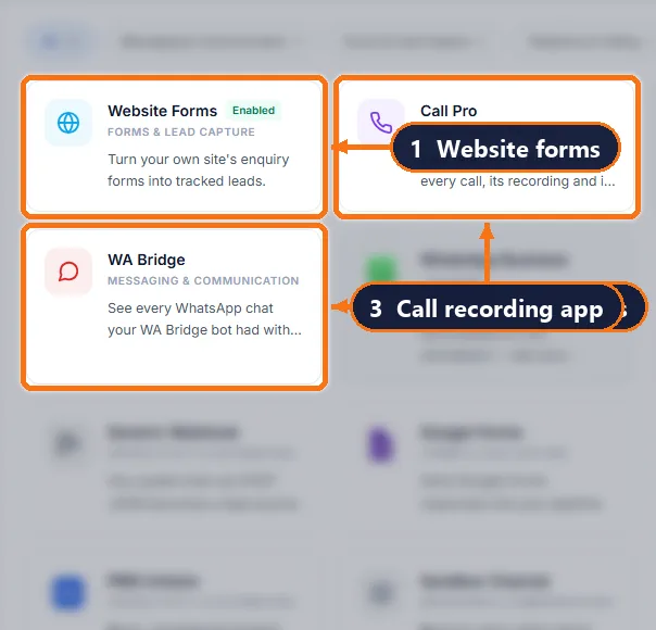 atomcrm.ai app store with Website Forms, WA Bridge and Call Pro apps highlighted