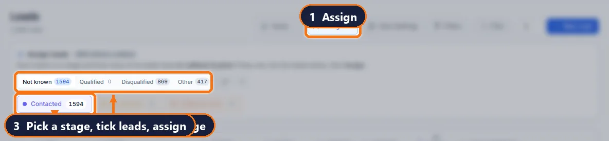 atomcrm.ai assign board showing leads with no callback booked, grouped by stage