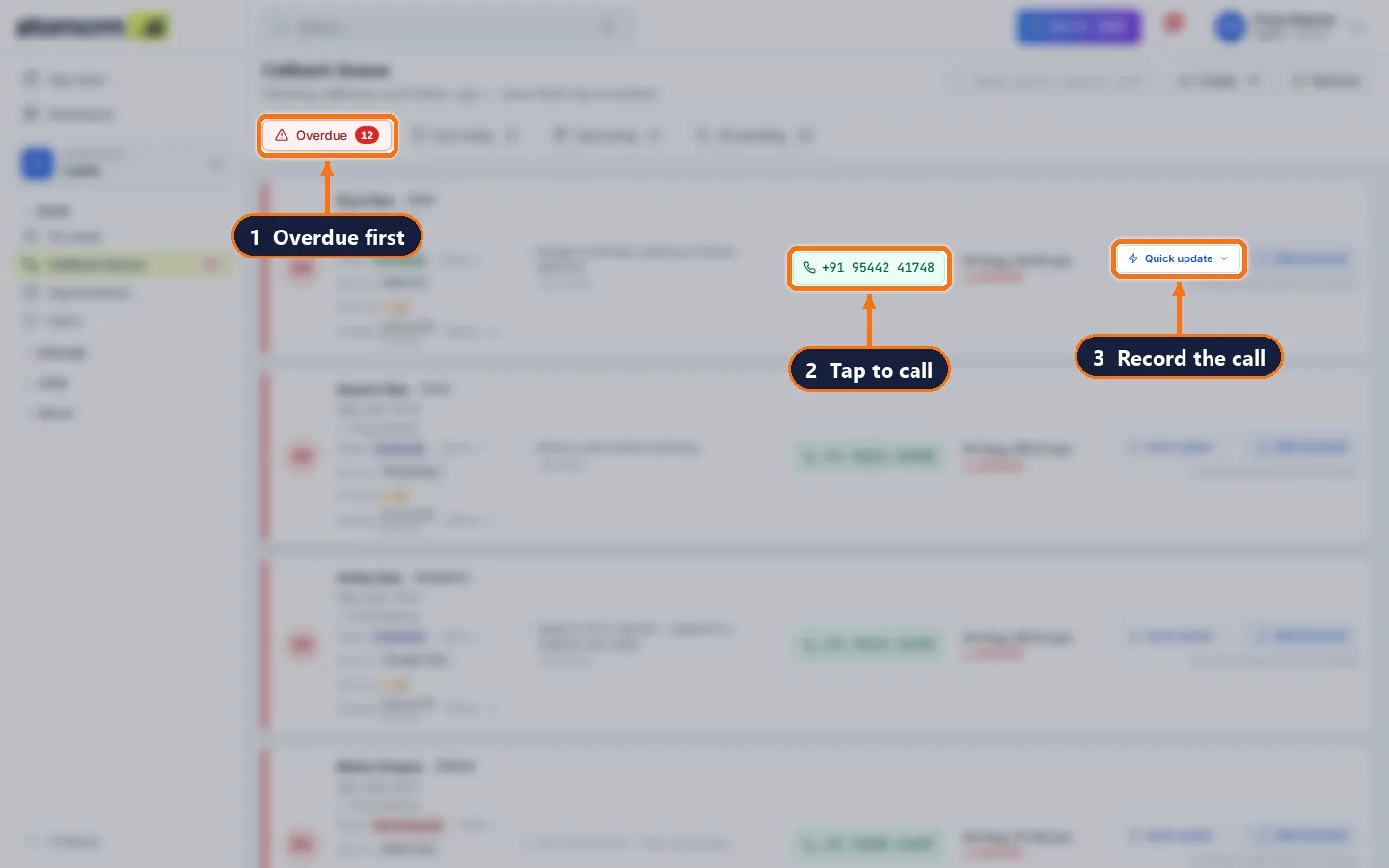 atomcrm.ai callback queue showing overdue patient callbacks with a call button and Quick update for each enquiry