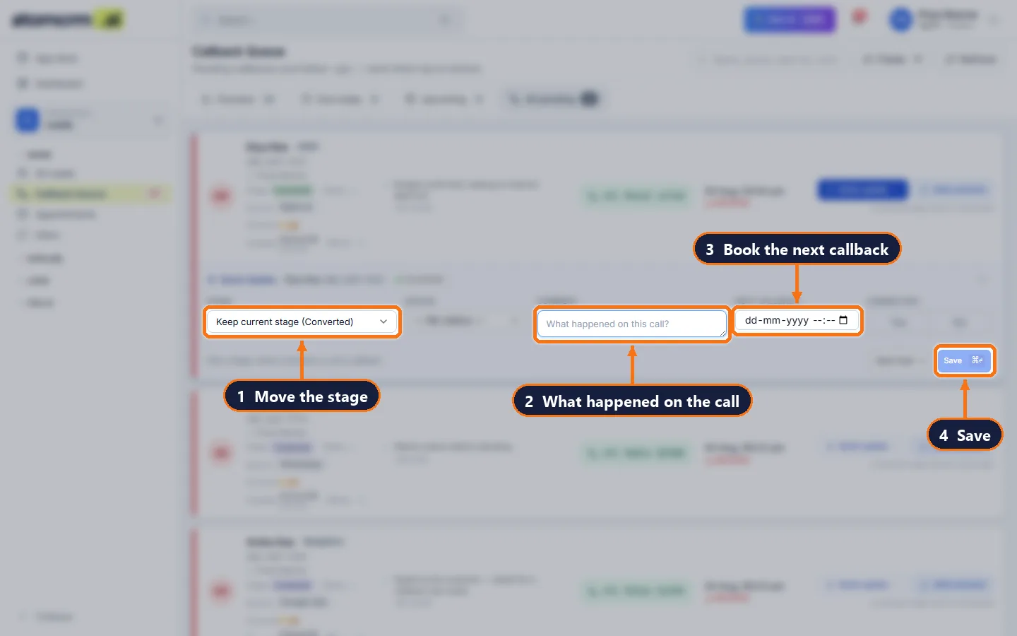 atomcrm.ai Quick Update panel open on a callback: stage, comment, next callback and save