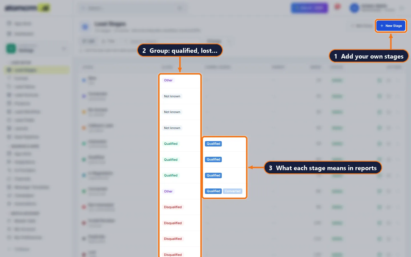 atomcrm.ai lead stages settings with stage groups and funnel mapping