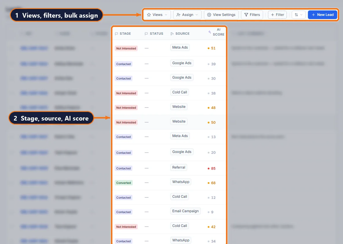 atomcrm.ai leads list with stage, source and AI score columns and the views, filters and assign toolbar