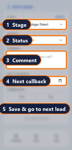 atomcrm.ai Quick Update card with stage, status, comment, next callback and Save & Next